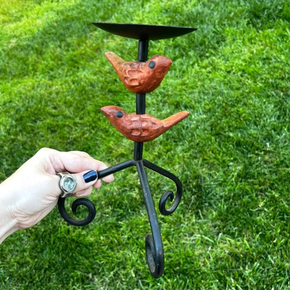 Wrought Iron Pillar Candle Holder with Wood Carved Birds 9